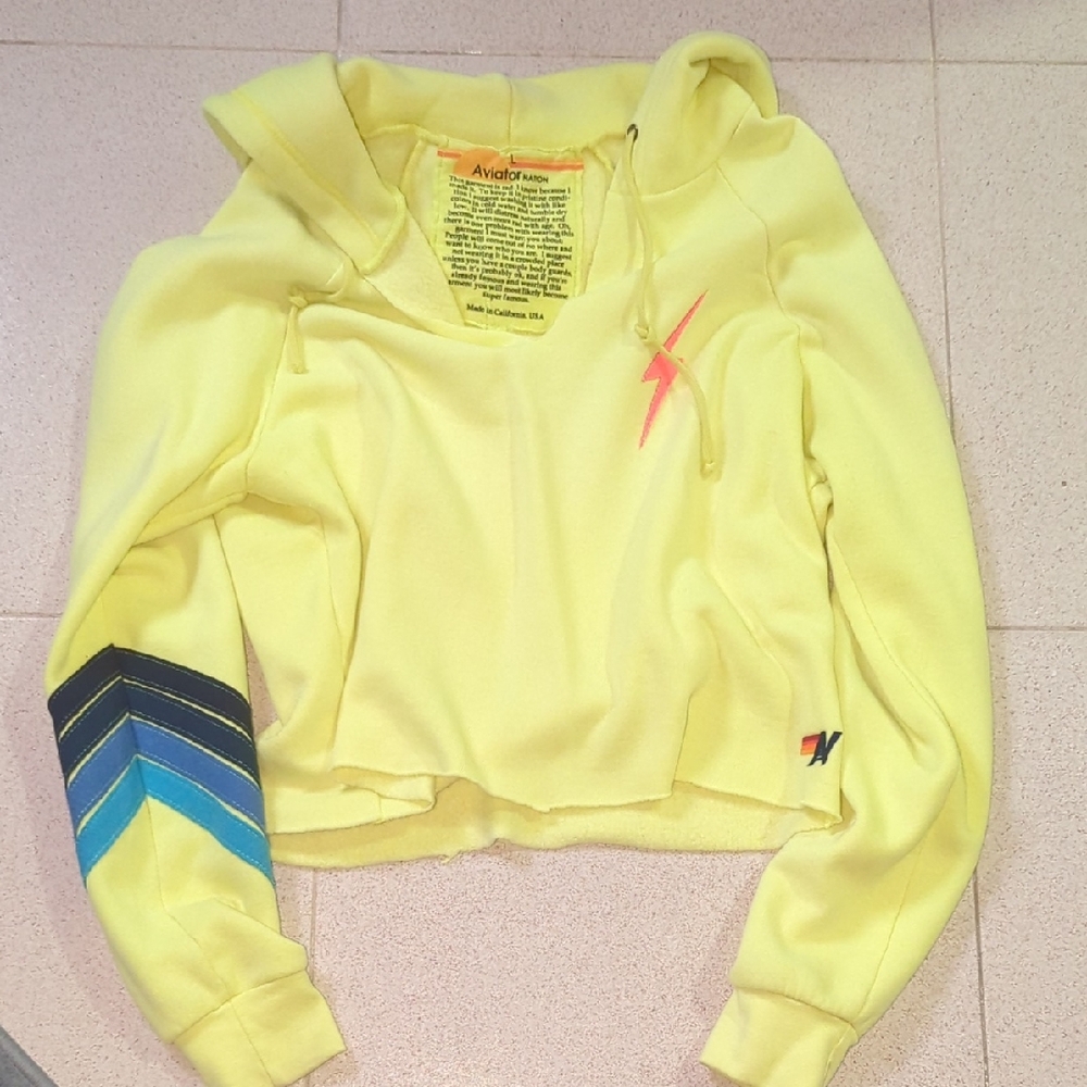 Aviator Nation Vibrant Yellow Hoodie with Blue and Pink Details